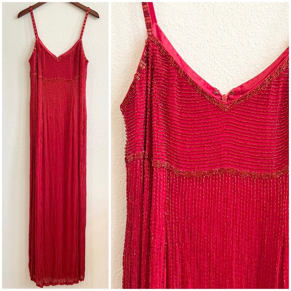 Vintage Jovani Fully Beaded 100% Silk Gown‎ Red Holiday Black Tie